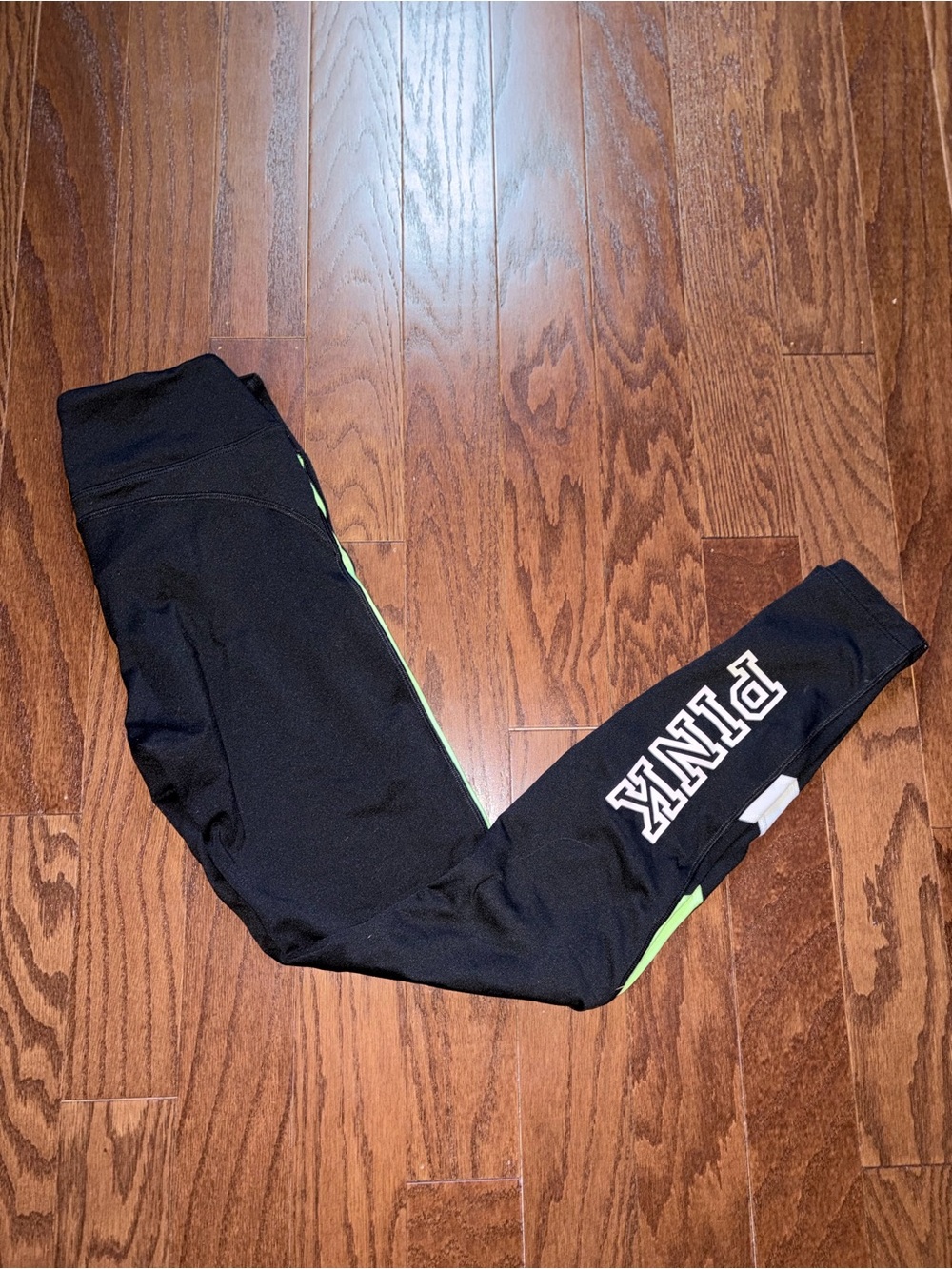 PINK Victoria's Secret Black cozy Leggings with Neon Green Side Trim